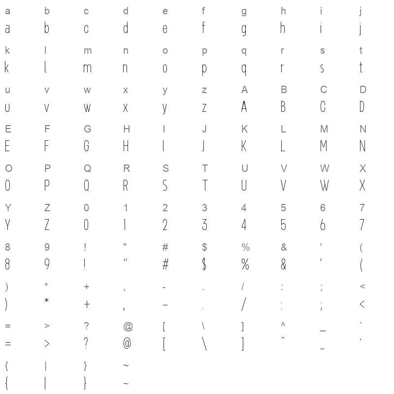 NeverMindUltraCondensed Thin Character Map