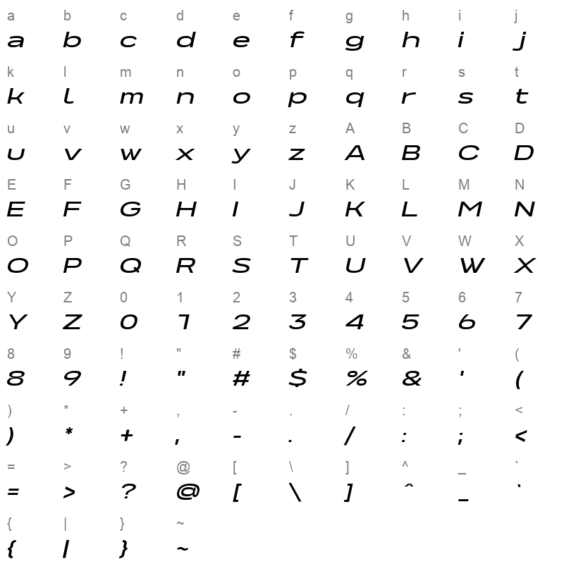 NeverMindUltraExtended DemiBoldItalic Character Map