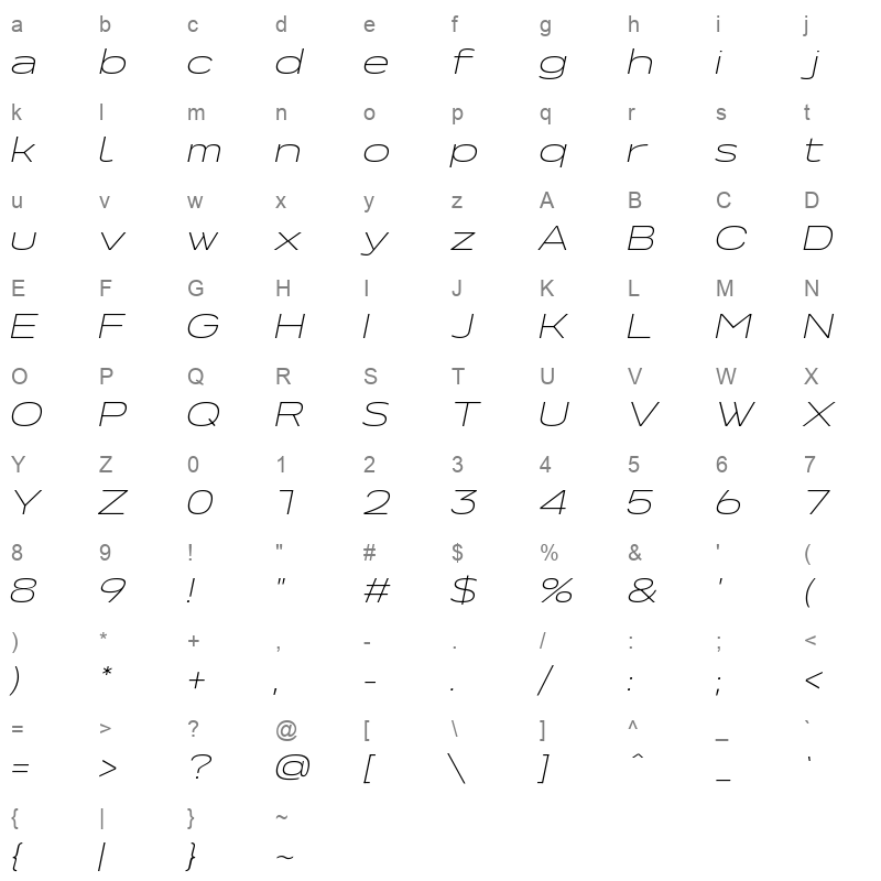 NeverMindUltraExtended ExtraLightItalic Character Map