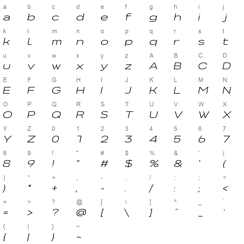 NeverMindUltraExtended LightItalic Character Map