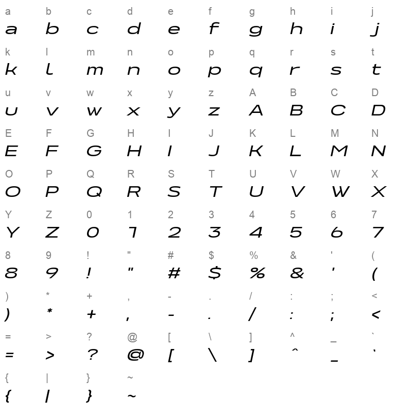 NeverMindUltraExtended MediumItalic Character Map