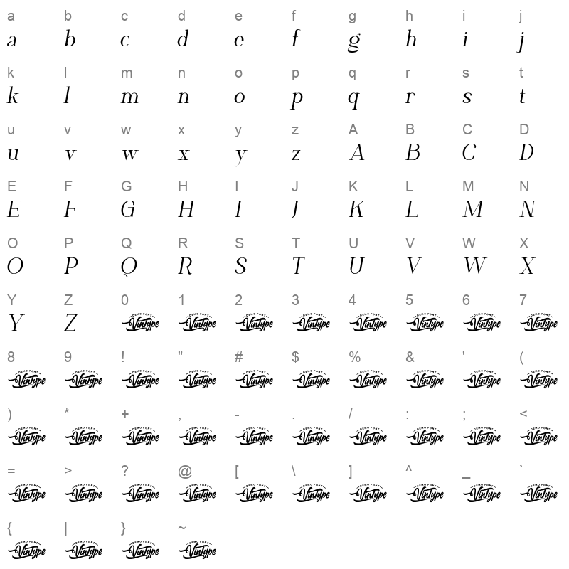 Platinum Ivory Italic Character Map