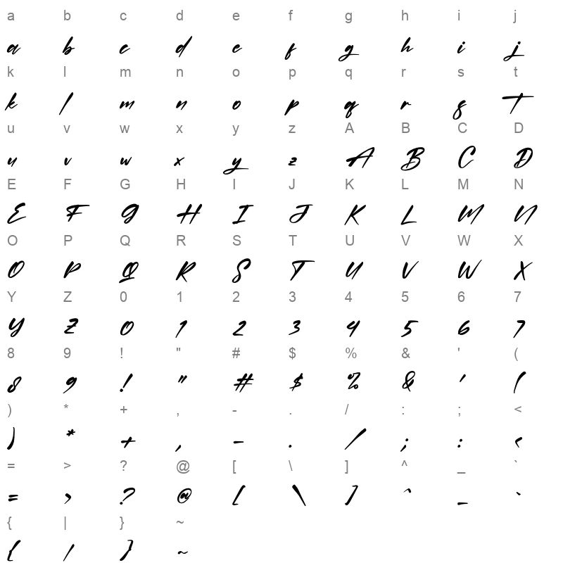 Quillajas Script Italic otf Character Map