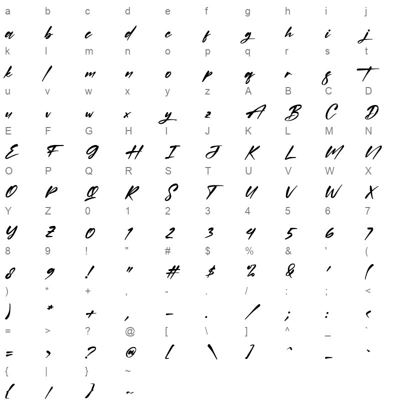 Quillajas Script Italic Character Map