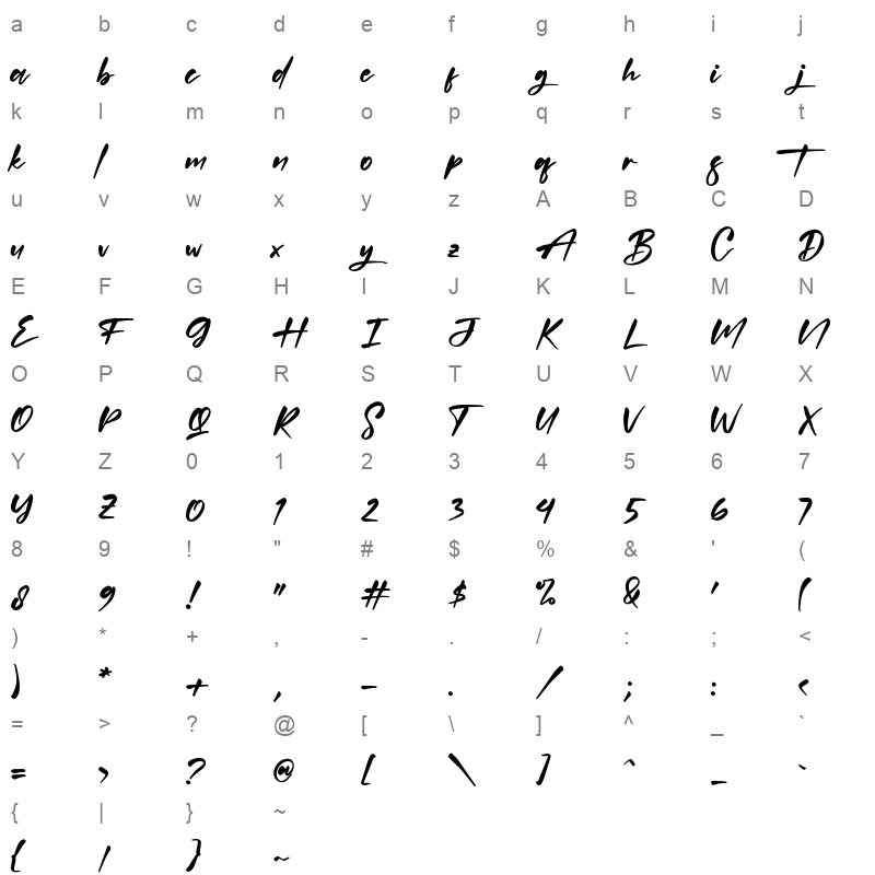 Quillajas Script otf Character Map