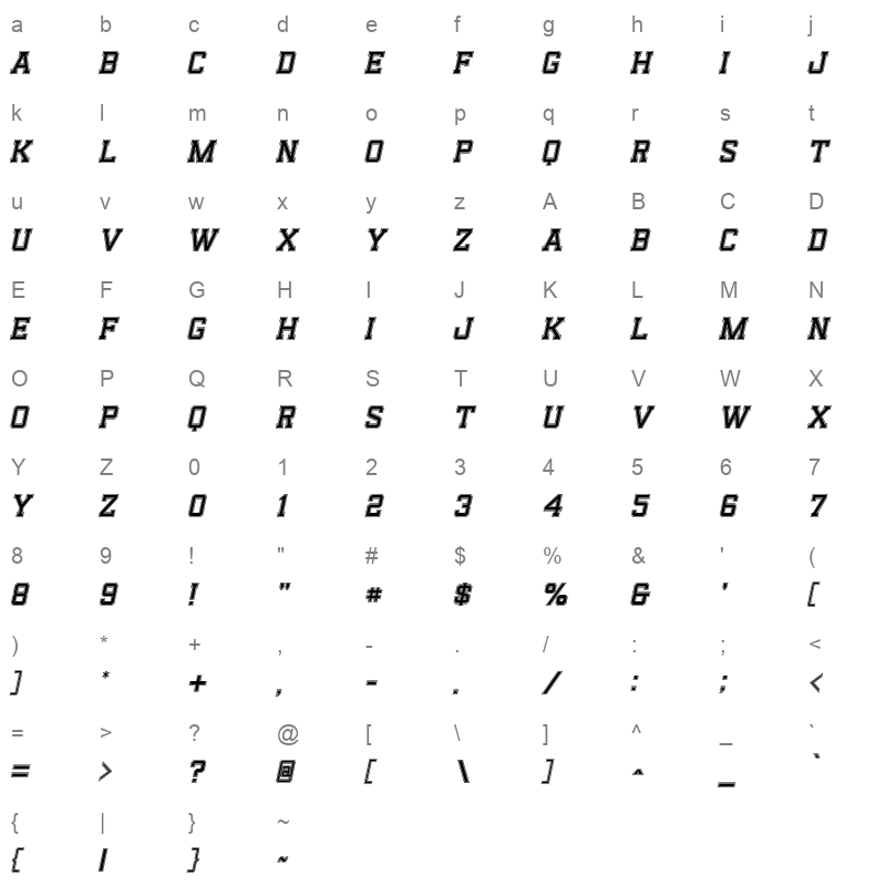 Reach Fill & Outline Italic Character Map