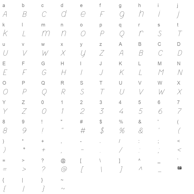 ReImagineUAMalevich ThinSlant+15 Character Map