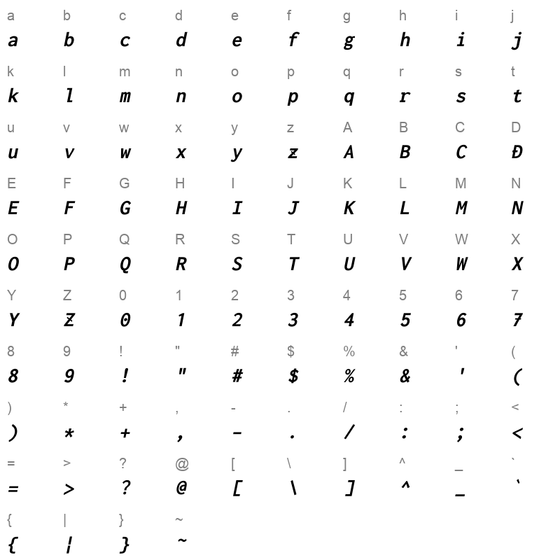 Ricty Diminished Discord Bold Oblique Character Map