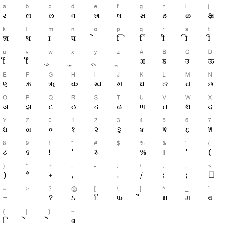 SHREE DEV 0711 Regular Character Map