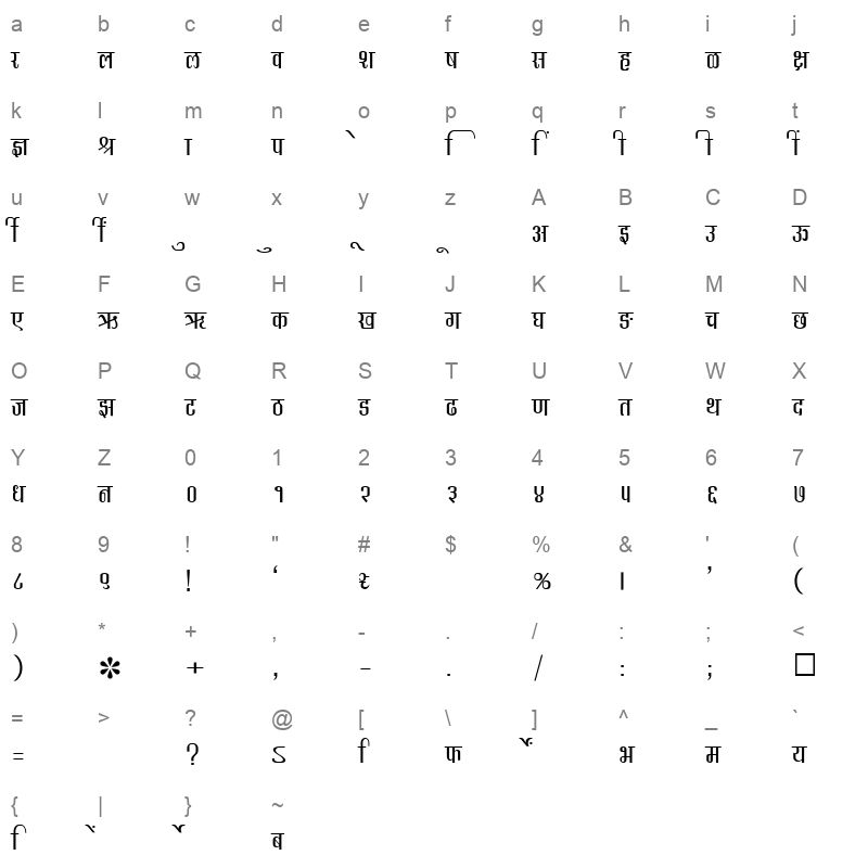 SHREE DEV 0730 Regular Character Map