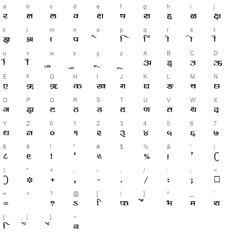 SHREE DEV 1011 Regular Character Map