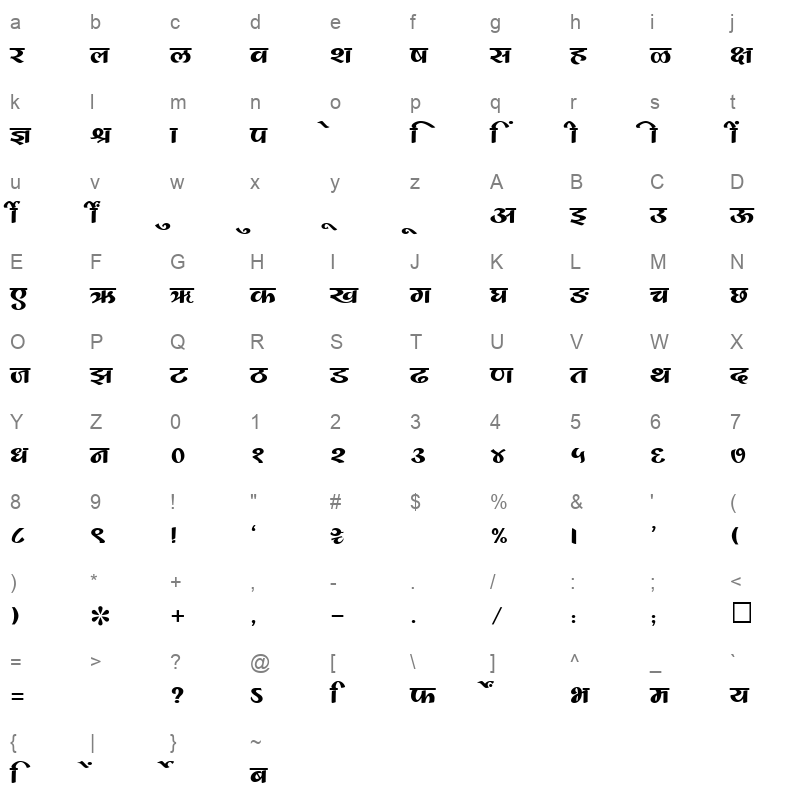 SHREE DEV 1082 Regular Character Map