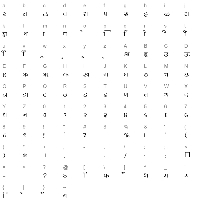 SHREE DEV 2425 Regular Character Map