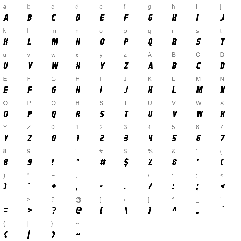 Signwood Italic Character Map