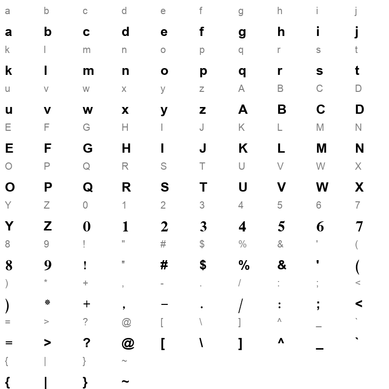 Simplified Arabic Bold Character Map