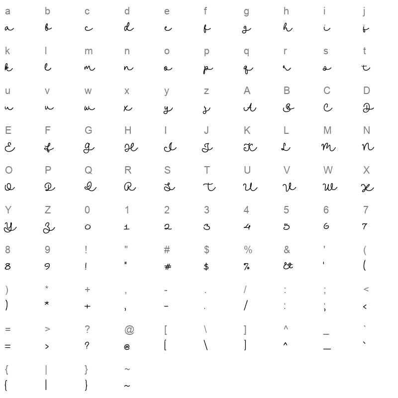 Slowly Lovely Script Character Map