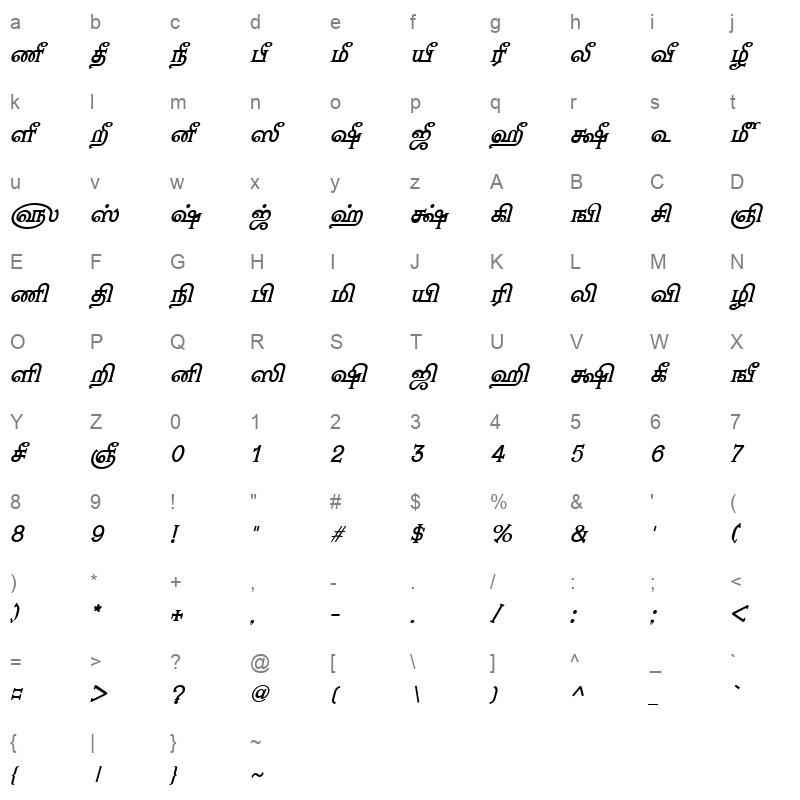 TAM Nambi BoldItalic Character Map