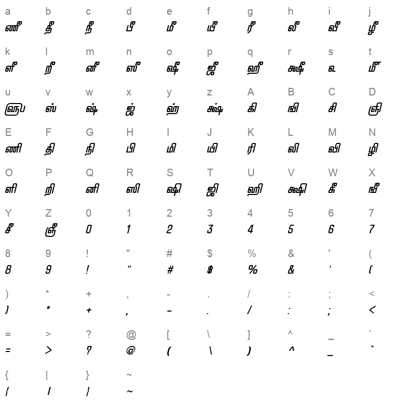 TAM Pattinathar BoldItalic Character Map