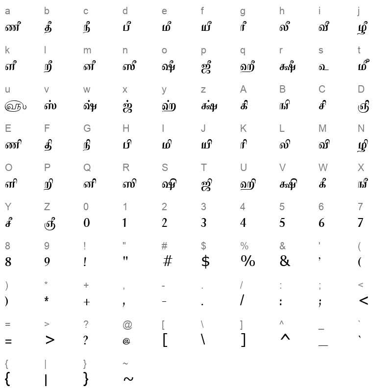 Tam Shakti 10 Normal Character Map