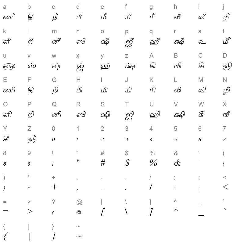 Tam Shakti 17 Normal Character Map