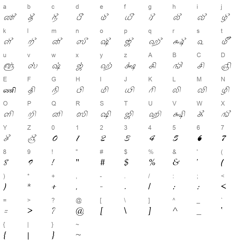 Tam Shakti 29 Normal Character Map