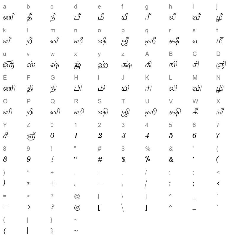 Tam Shakti 30 Normal Character Map