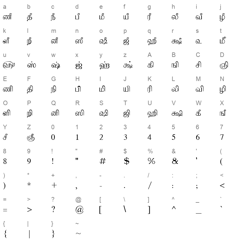Tam Shakti 38 Normal Character Map