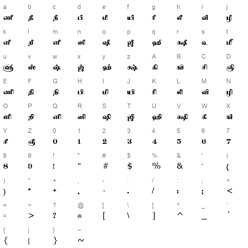 Tam Shakti 39 Normal Character Map
