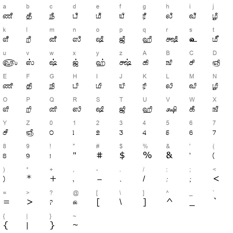 Tam Shakti 40 Normal Character Map