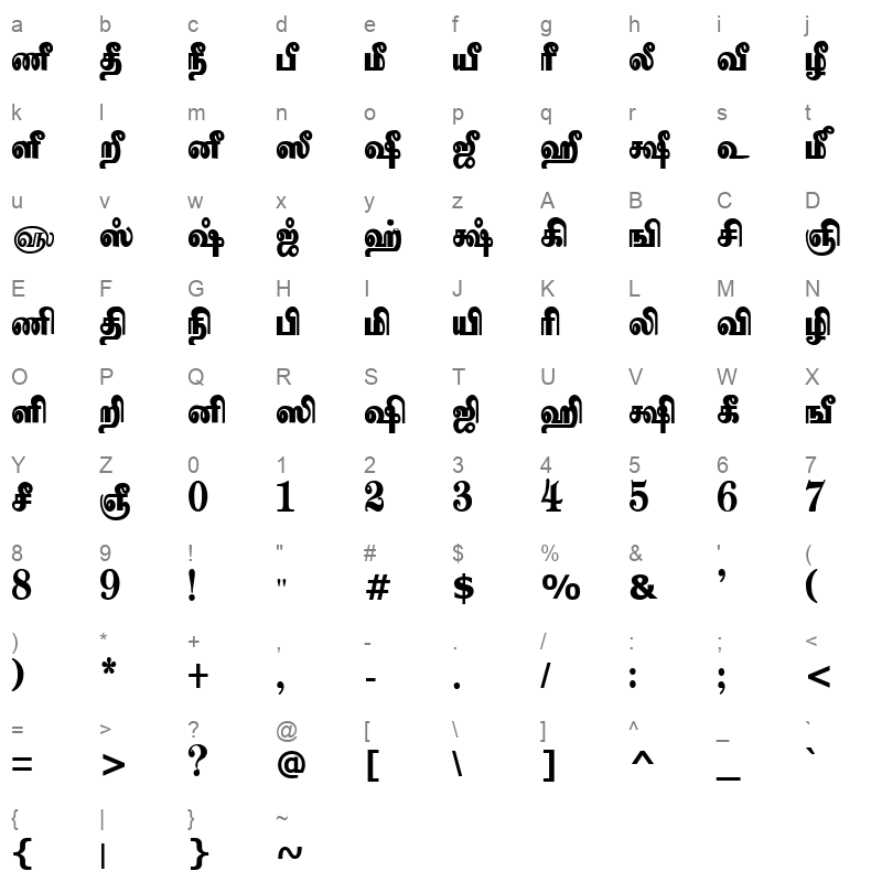 Tam Shakti 7 Bold Character Map