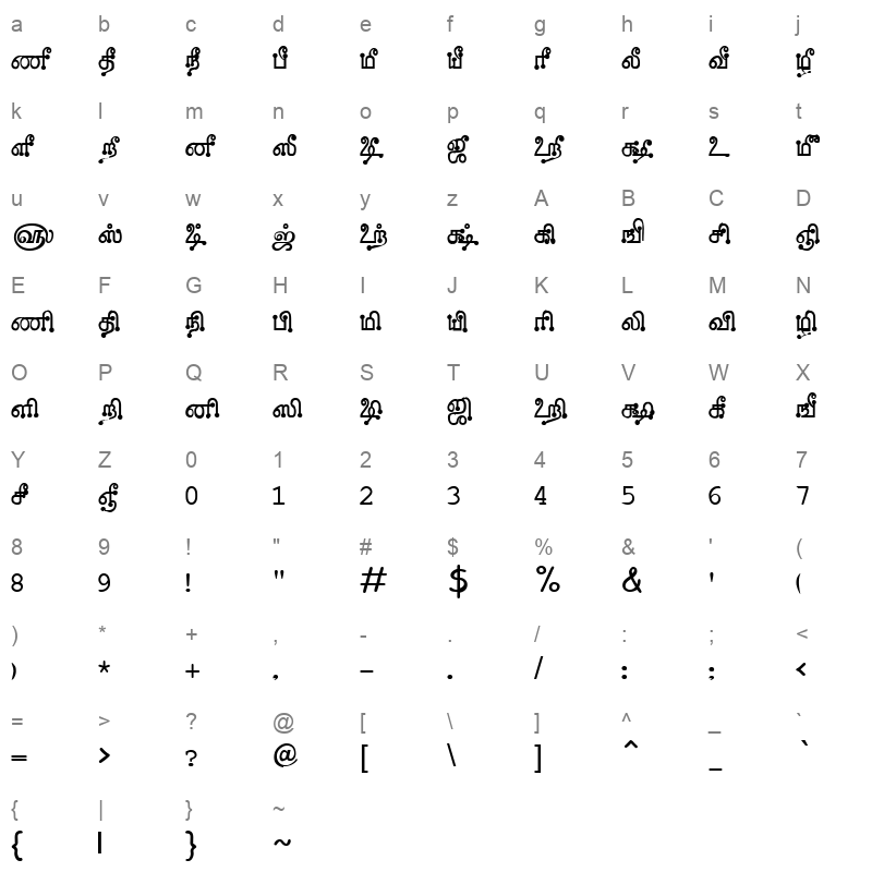 Tam Shakti 8 Normal Character Map
