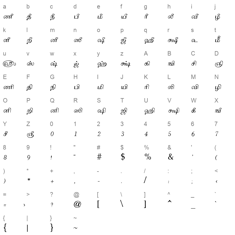 Tam Shakti 9 Normal Character Map
