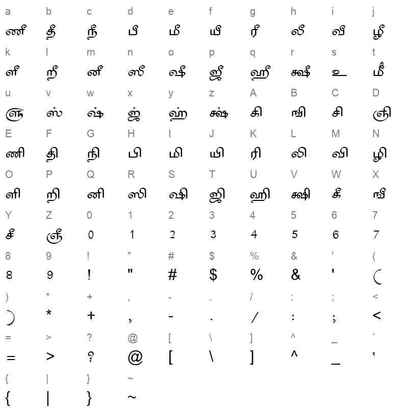 TAM Tamil001 Normal Character Map