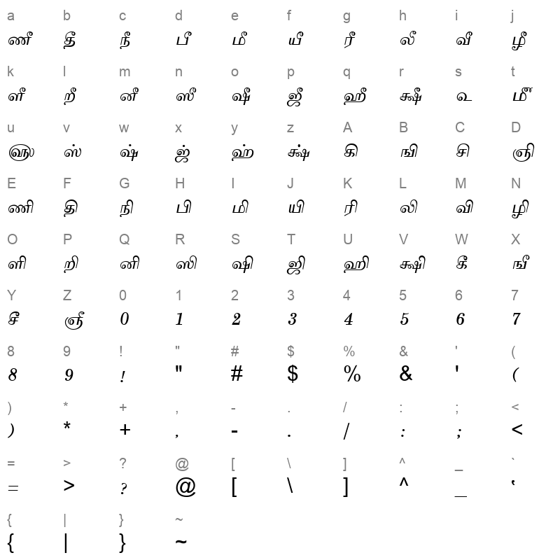 TAM Tamil004 Normal Character Map