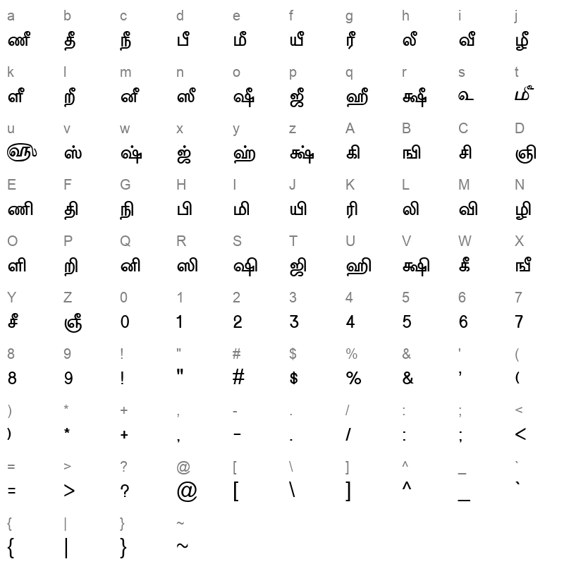 TAM Tamil005 Normal Character Map