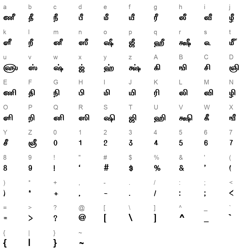 TAM Tamil009 Normal Character Map