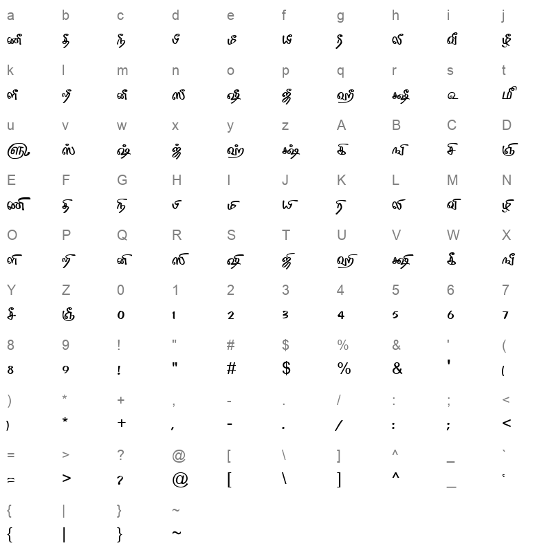 TAM Tamil010 Normal Character Map