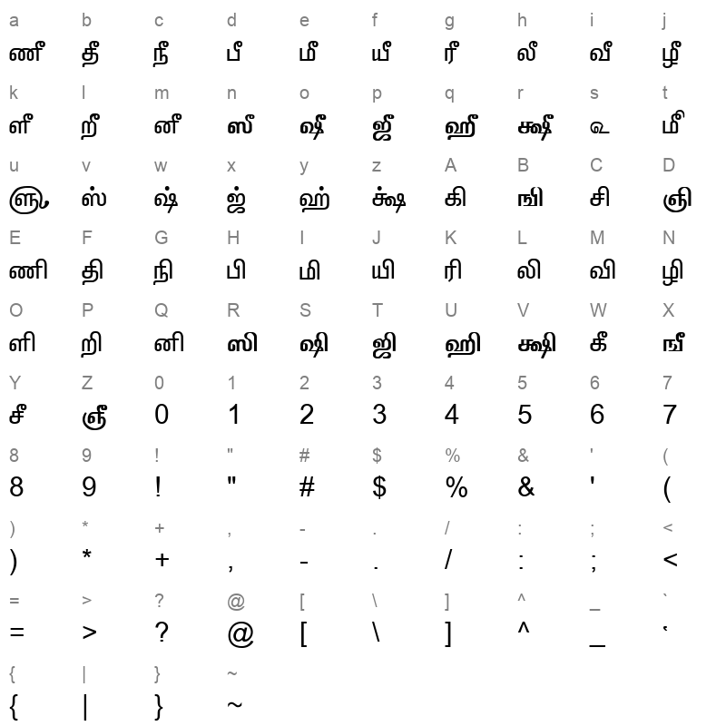 TAM Tamil012 Normal Character Map