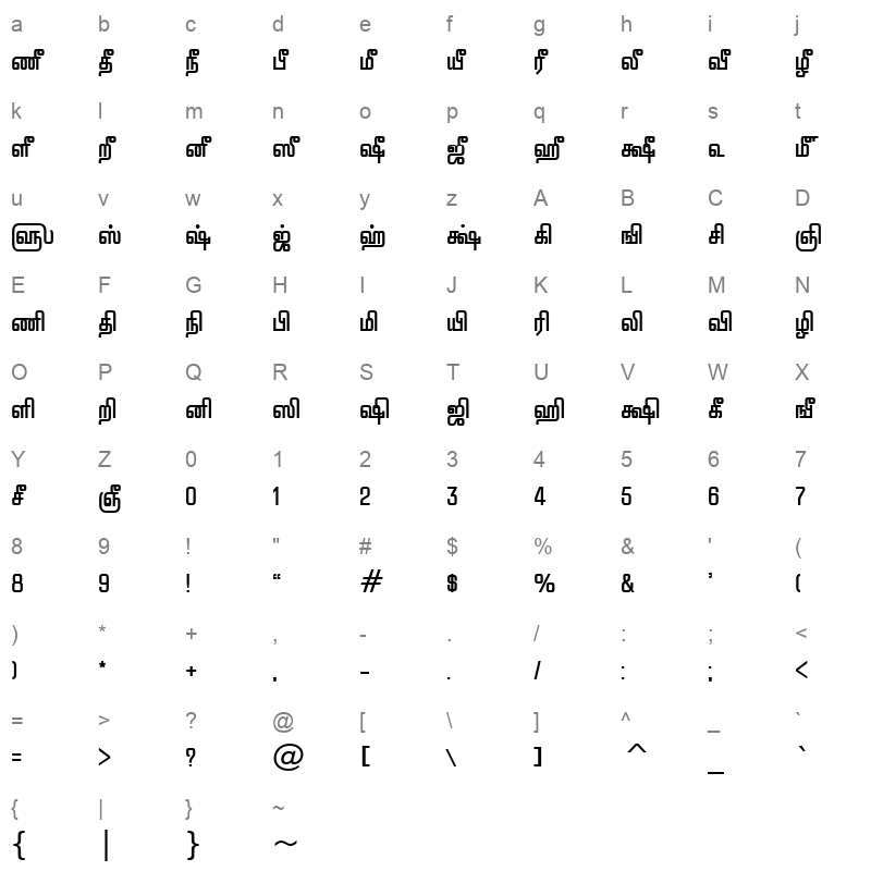 Tam Tamil014 Normal Character Map