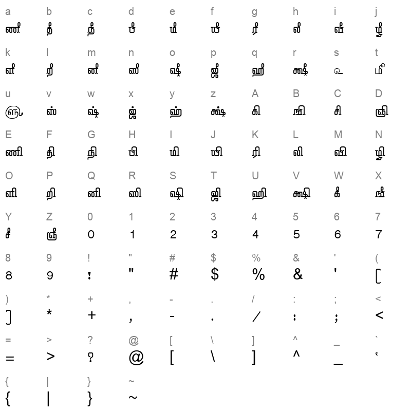 Tam Tamil020 Normal Character Map
