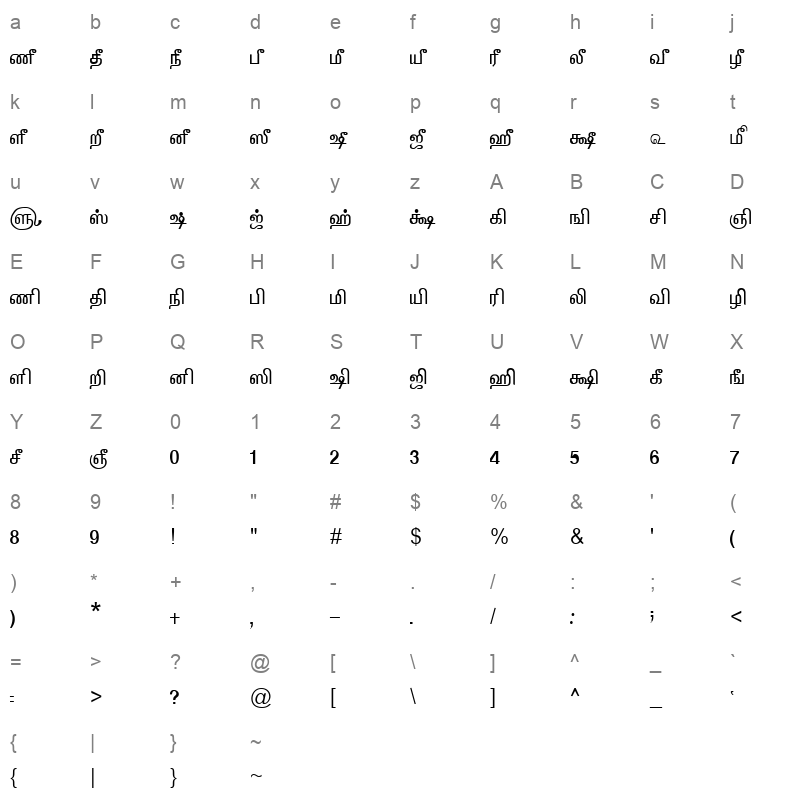 TAM Tamil032 Normal Character Map