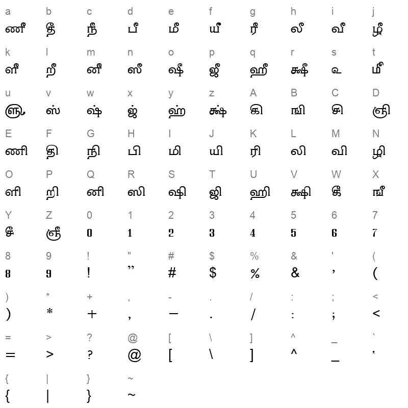 TAM Tamil040 Normal Character Map