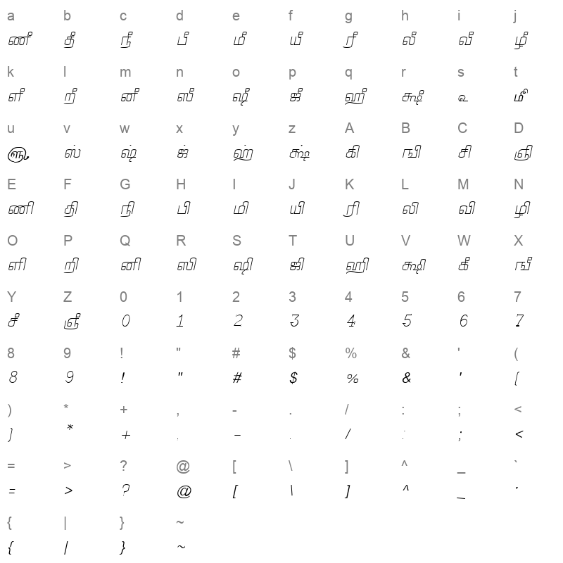 TAM Tamil054 Normal Character Map