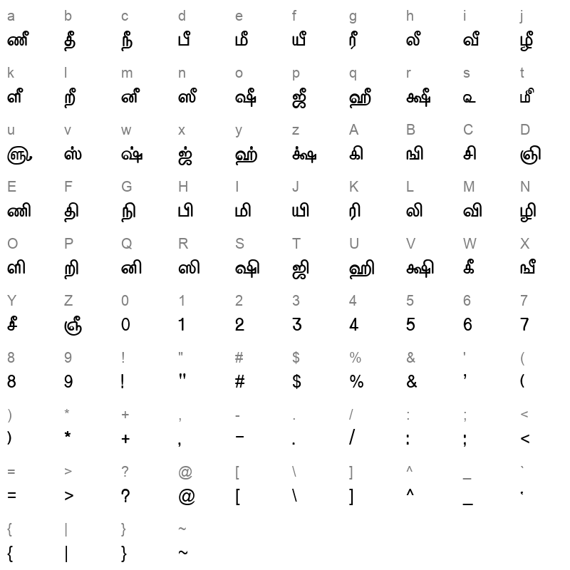 TAM Tamil084 Normal Character Map