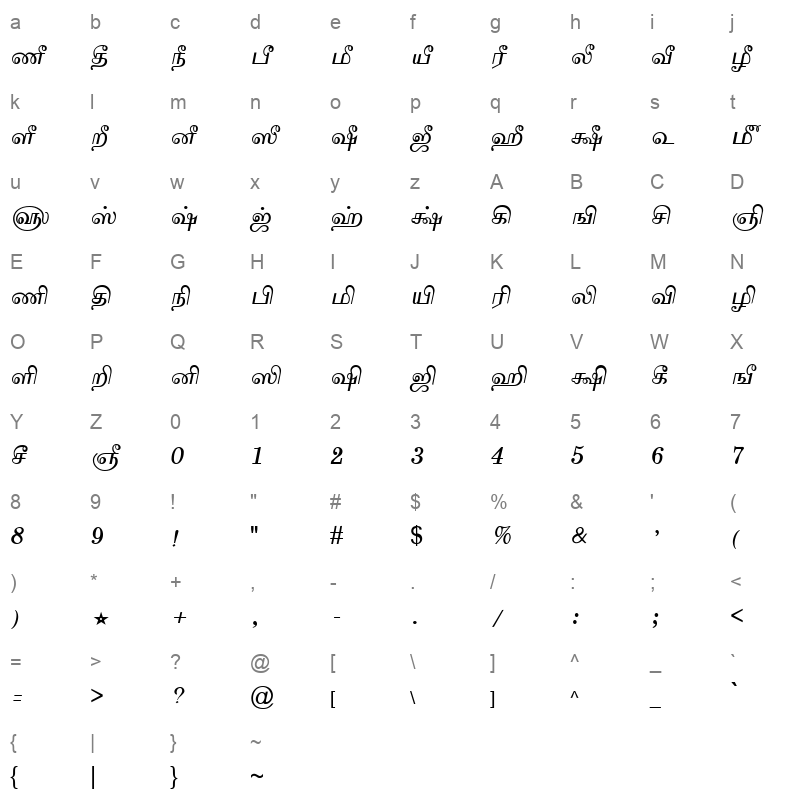 TAM Tamil090 Normal Character Map