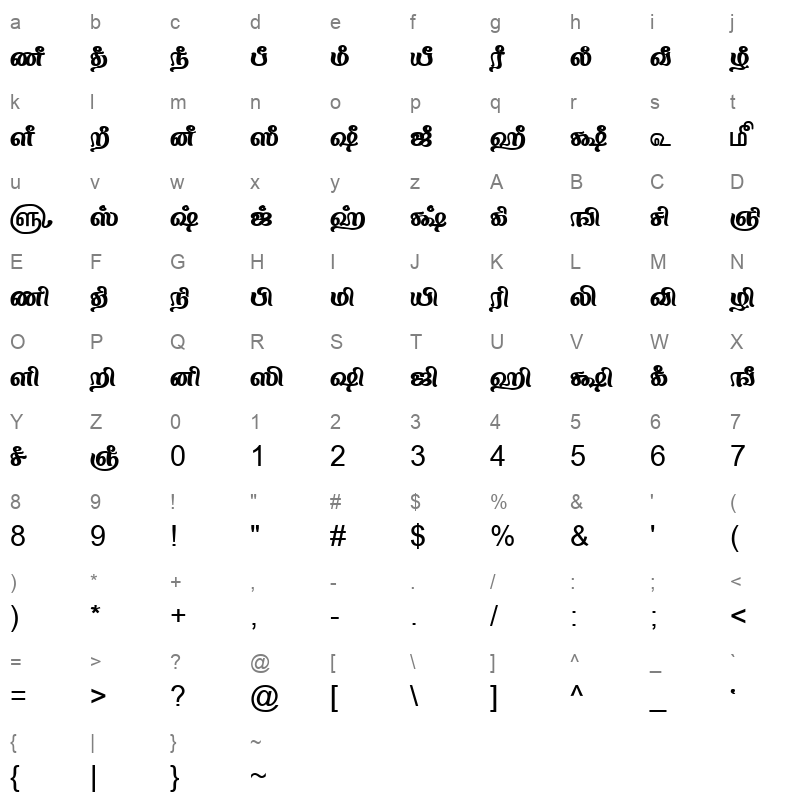 TAM Tamil092 Normal Character Map