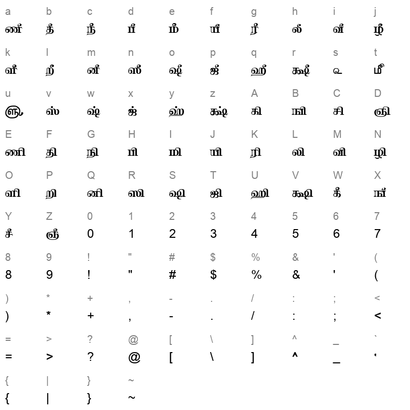 TAM Tamil095 Normal Character Map