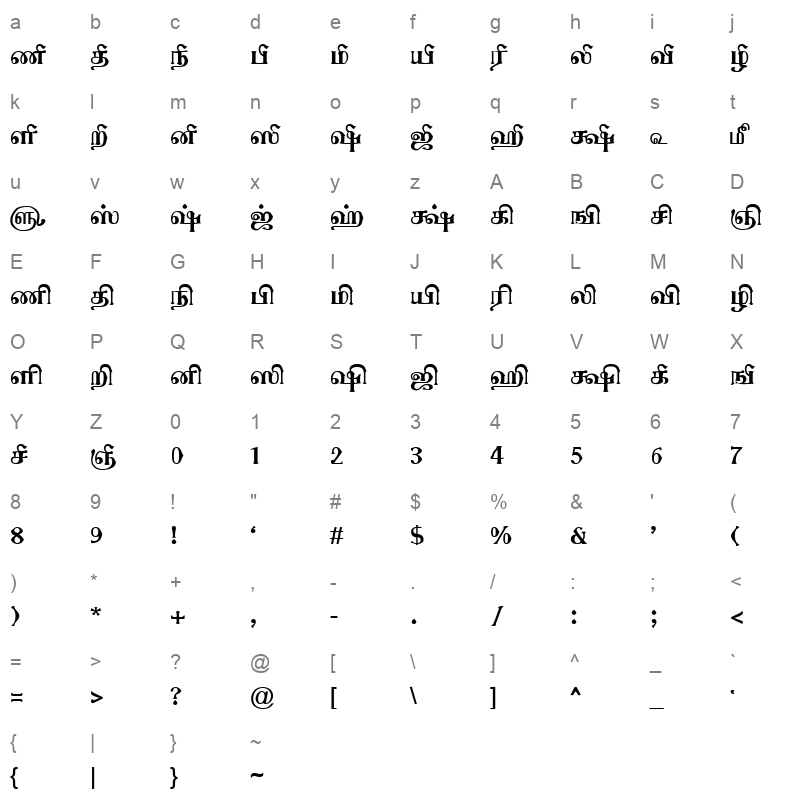 TAM Tamil098 Normal Character Map