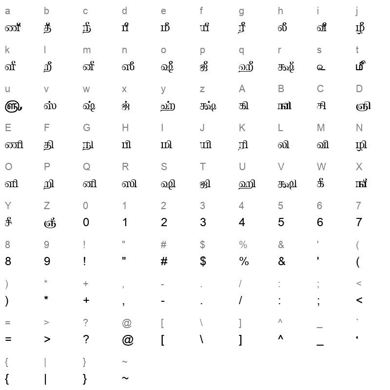 TAM Tamil099 Normal Character Map