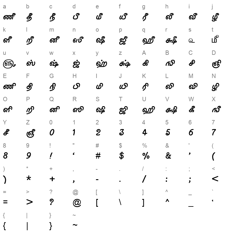 TAM Tamil100 Normal Character Map
